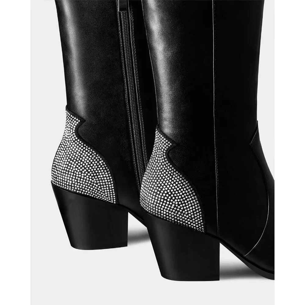 Women's Black Over The Knee Rhinestone Pointed Toe Chunky Heels Zipper Boots